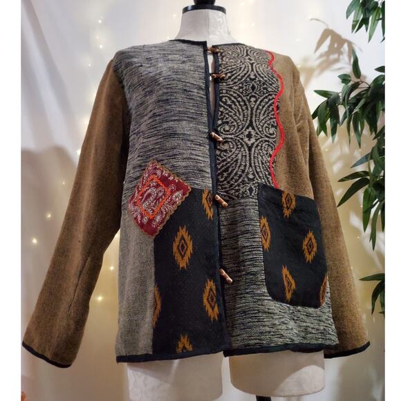 Vtg Sag Harbor Woven Tapestry Patch Boho Toggle Button Jacket Size 8 Artsy - Picture 1 of 12